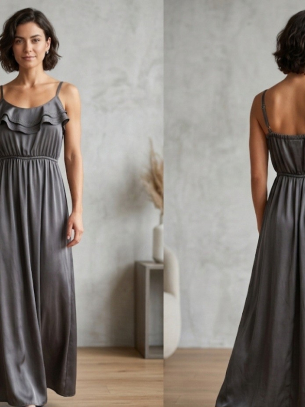 Attention Gray Ruffle Neck Maxi Dress Sz L